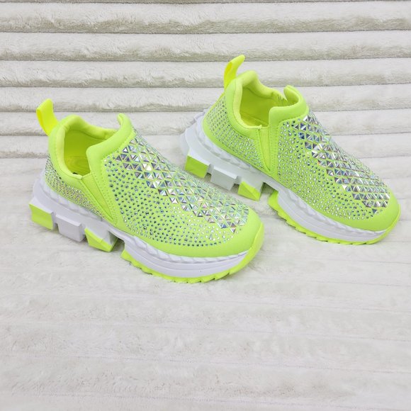 Presto Light Weight Slip on Neon Yellow Rhinestone Sneakers - Running Shoes J - Picture 8 of 14